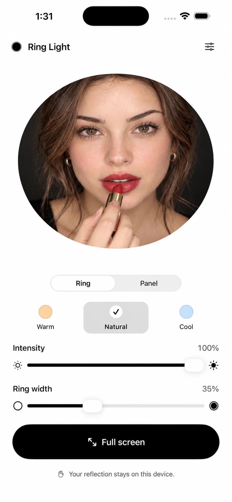 App Store screenshot: Ring mode with a live mirror, tone, intensity and ring-width controls.