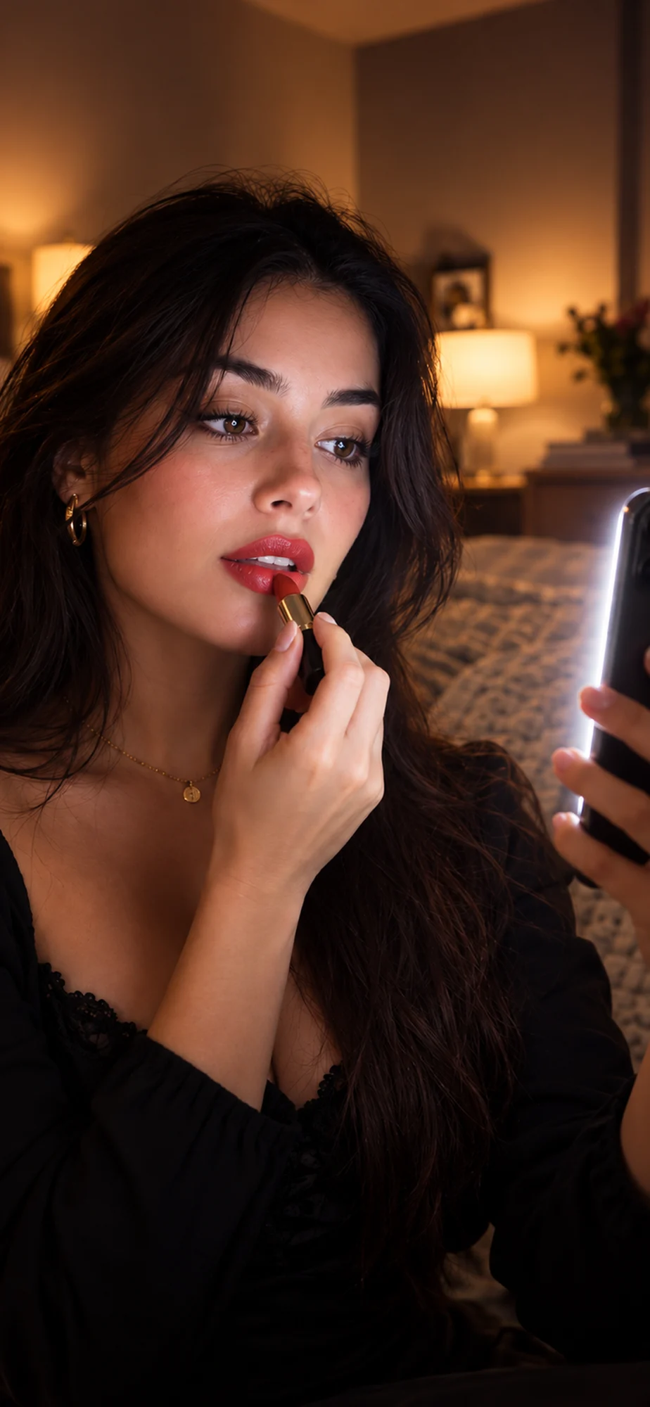Promotional image of a woman touching up her lipstick using a phone light in a dim room.